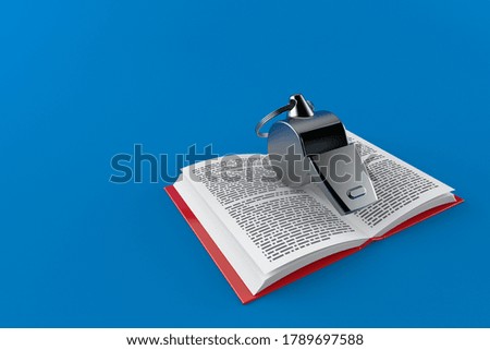 Whistle on open book isolated on blue background. 3d illustration