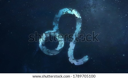 Leo zodiac sign in starry sky. Stars and galaxy on background. Set of astrology symbols. Space photo collage with horoscope