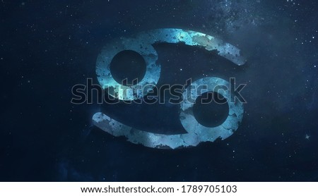 Cancer zodiac sign in starry sky. Stars and galaxy on background. Set of astrology symbols. Space photo collage with horoscope