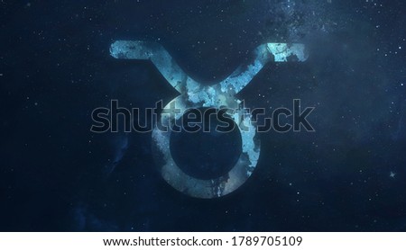 Taurus zodiac sign in starry sky. Stars and galaxy on background. Set of astrology symbols. Space photo collage with horoscope
