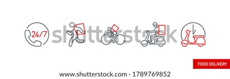 Online delivery service line icons set isolated on white. outline symbols food delivery service banner. Quality design elements running courier Box, bicycle, motor scooter, bike with editable Stroke