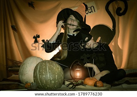 Halloween kids with a costume witch and bat with pumpkins for halloween party