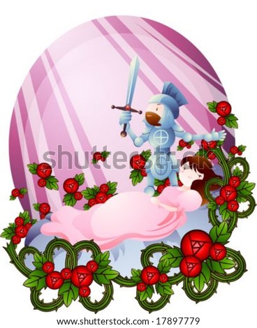 Jesus Christ and Christian - a brave medieval knight holding a sword with a beautiful and cute princess on violet background with oval frame and floral pattern : vector illustration