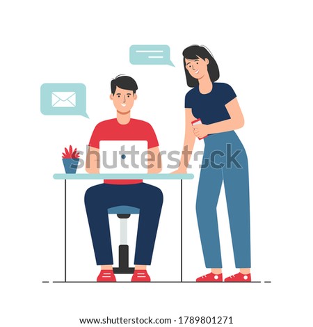 Office worker working on laptop while talking with co-worker Royalty-Free Stock Photo #1789801271