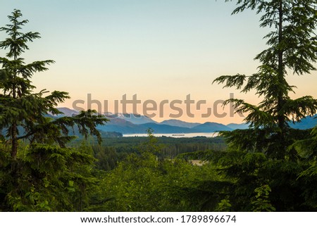 A view of the Douglas Channel at Kitimat from Coghlin Park at sunset, Kitimat, British Columbia Royalty-Free Stock Photo #1789896674