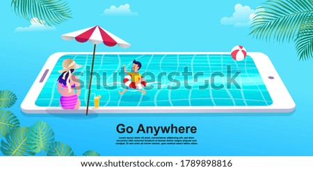 People relaxing at the beach and swimming in a smartphone pool, Girl in bikini with mobile phone. Flat Cartoon woman and boy Character.