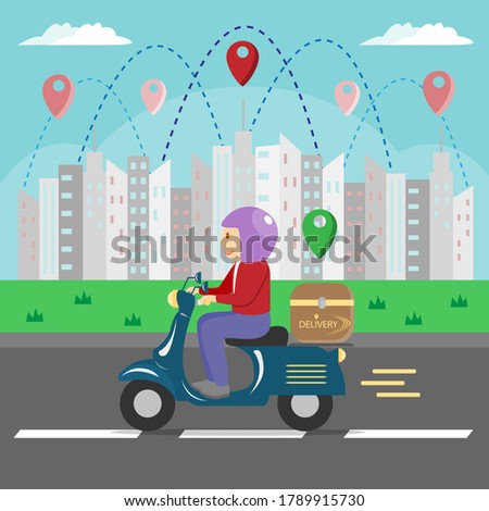 A delivery man riding a motorcycle to deliver parcels to customers. Using tracking to find them. delivery man concept vector.