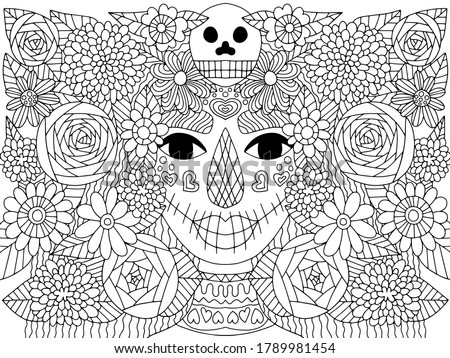 Day of the dead female with flowers and skull coloring page for kids and adults. Black outline floral woman make up face isolated on white stock vector illustration. Mexican traditional festival.