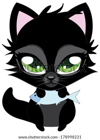 Cute cartoon black kitten with blue fish on white background.