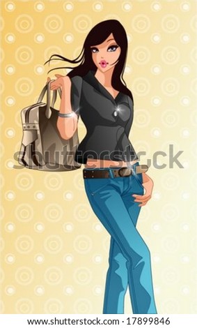Lifestyle of Joyful People - relaxed standing pose for the camera with an attractive and chic young female isolated on a background of yellow wallpaper with circle patterns : vector illustration