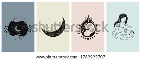 Motherhood, maternity, babies and pregnant women logos, collection of fine, hand drawn pregnancy vector illustrations and icons  Royalty-Free Stock Photo #1789995707