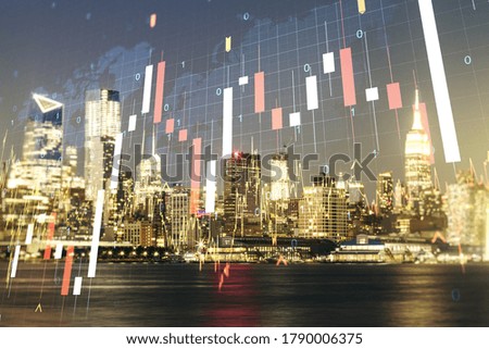 Multi exposure of virtual creative financial graph and world map on New York city skyline background, forex and investment concept
