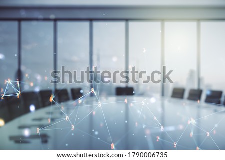 Double exposure of abstract virtual technology hologram on a modern meeting room background. Research and development software concept