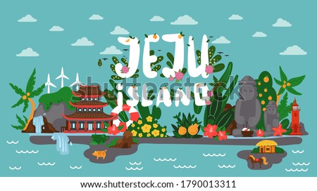 Panorama of picturesque korean island Jeju. Banner with image of the main attractions of the island. Tourist lions waterfalls, stone figures in Stone park, red lighthouse, temple and mountain hallasan