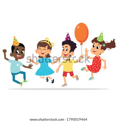 children at the birthday party are happy jumping and congratulating. vector illustration.