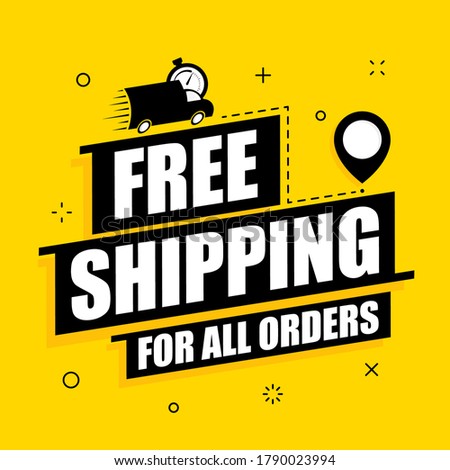 Free shipping delivery offer. Free delivery vector poster on yellow background. Promotion flat illustration.