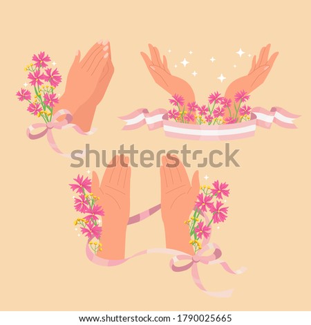 Collection of hand prayer symbol sticker. Type of hands praying decorated with flower and ribbon. Miracle. Flat style vector isolated.