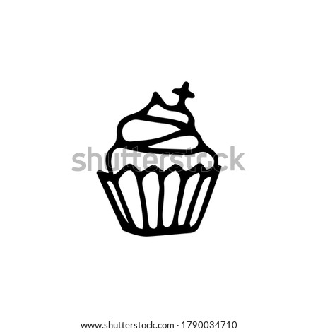 Doodle cupcake with cream and decoration. Hand drawn dessert for kids parties, Halloween, baptism, Easter, birthday. Festive food concept with cross. Vector cute outline sweet treat stock illustration