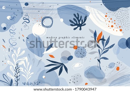 Create your own design with these graphic items. Trendy geometric forms, textures, strokes, abstract and floral decor elements. Vector illustration. Royalty-Free Stock Photo #1790043947