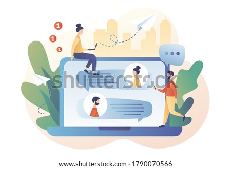 Tiny people using laptop for chatting. Mobile chat App. Online communication, social networking, messages, speech bubbles. Modern flat cartoon style. Vector illustration on white background