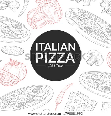 Italian Pizza, Hot and Tasty Banner Template, Traditional Italian Dish with Ingredients Seamless Pattern Hand Drawn Vector Illustration