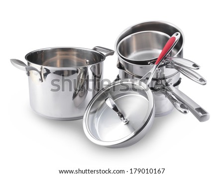 Stainless steel pots and pans isolated on white background Royalty-Free Stock Photo #179010167