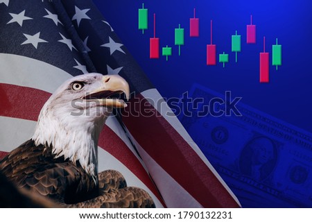North American Bald Eagle on American flag,united states of america patriotic symbols.blue space 3d candlesticks chart on top.