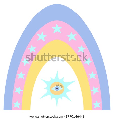 Rainbow. Colorful vector illustration. Isolated white background. Boho style. A bright natural phenomenon. Ethnic motives. Multi-colored stripes with fancy ornaments. Template for advertising. Eye.