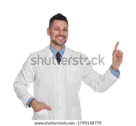 Happy man in lab coat on white background Royalty-Free Stock Photo #1790148779