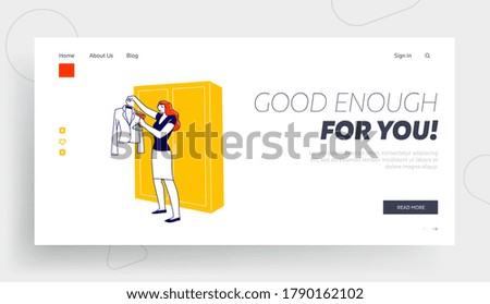 Girl Steaming Dry Care of Dress Landing Page Template. Housewife Character Use Steamer Iron for Dry Cleaning of Clothes. Woman Household Activity, Home Chores and Routine. Linear Vector Illustration