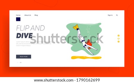 Freediving Underwater Recreation Landing Page Template. Young Female Character Dive in Ocean. Free Diving Activity. Woman Freediver Relaxing Snorkeling with Mask and Fins. Linear Vector Illustration