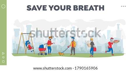 Characters in Masks on Street Factory Pipes Emitting Smoke Landing Page Template. People Walking with Children or Pets, Food Delivery Service. Fine Dust Pollution, Pandemic. Linear Vector Illustration