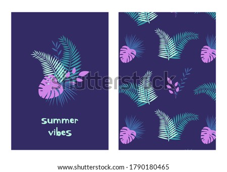 Vector illustration with tropical leaves, text summer vibes and colorful seamless pattern. For birthday or party invitation and so print design for pajamas, nursery poster.