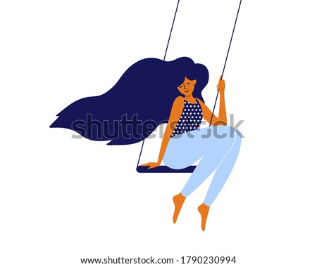 Love and time for yourself. Happy woman, self care, slow life concept. Cute girl with long hair sitting on swing. Young smiling mother takes break and relaxes. Wellbeing, body care vector illustration