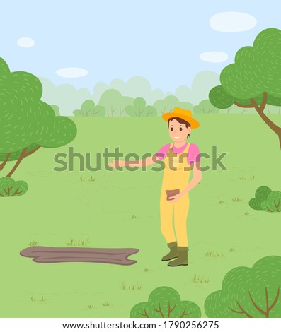 The farmer sowing the seeds for the future harvest. Woman agricultural worker wearing coveralls and rubber boots working on the field, pouring the seeds to the ground. Spring sowing concept vector