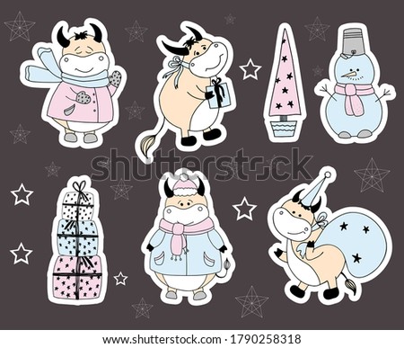 Bull character stickers. 2021 symbol vector icons. Ox character set