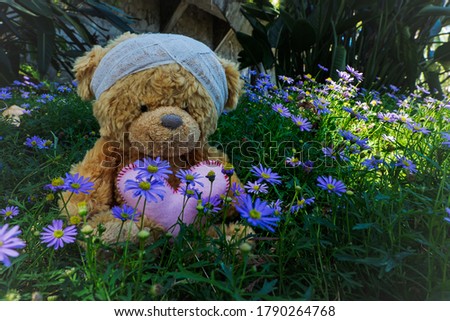 Cute teddy bears sitting in the garden with flowers.