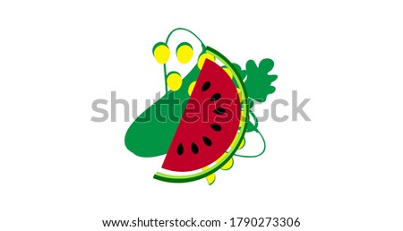 Watermelon and green leaves illustration design. Summer food concept illustration isolated on white background.