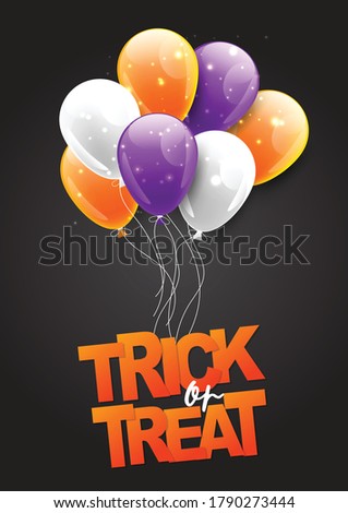 Halloween flyer background design. Trick or treat sign. Purple and orange balloons. Vector illustration.