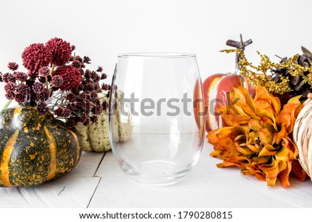 Blank clear stemless wine glass on white background with fall decor, thanksgiving/halloween drinkware mockup