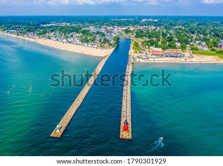 Aerial view of the South Haven Lighthouse on Lake Michigan; South Haven, Michigan Royalty-Free Stock Photo #1790301929