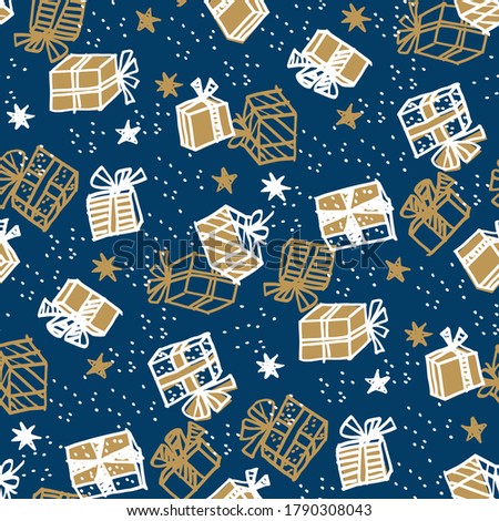 Winter holiday xmas gift boxes seamless pattern for background, wrap, fabric, textile, wrap, surface, web and print design.  Hand drawn naive Christmas presents repeatable motif. 
 Royalty-Free Stock Photo #1790308043
