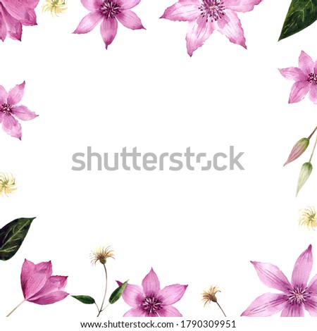 Post card with flowers clematis on white background. Waterclolour illustration.