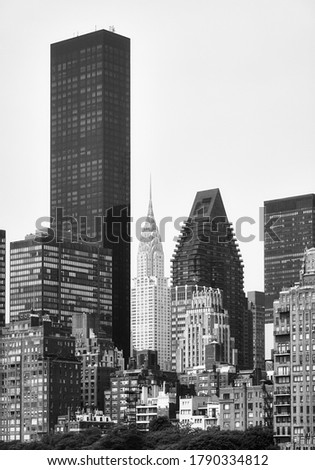 Black and white picture of Manhattan East Side architecture, New York City, USA.