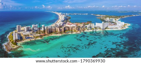 Aerial panoramic view of the northern peninsula of the Hotel Zone (Zona Hotelera) in Cancún, Mexico Royalty-Free Stock Photo #1790369930