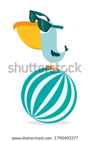 Funny cartoon pelican in sunglasses on an big ball