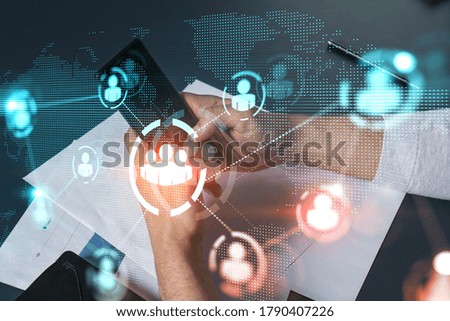 Man using phone. Hands typing smartphone. Double exposure with social media and globe hologram. Close up. Internet concept.