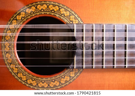Close-up of vibrating acoustic guitar strings. Royalty-Free Stock Photo #1790421815