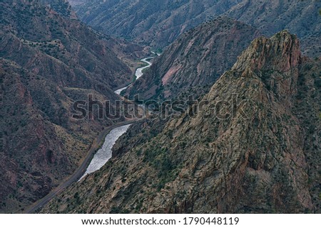 Arkansas river in Royal gorge in colorado. River runs through rocky ravine in the largest gorge in the US. Canyon in canon city