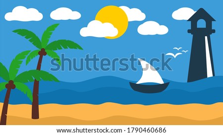 Lighthouse Ship Beach Landscape Tropical Island Palm Tree Background